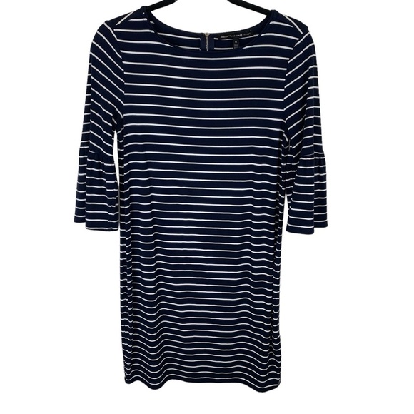 White House | Black Market Navy Blue White Striped 3/4 Bell Sleeve Dress sz M - Picture 2 of 8